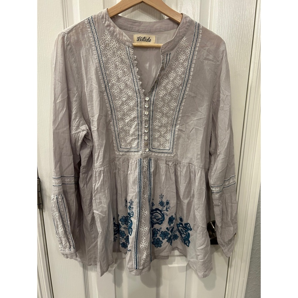 Listicle Embroidered Boho Peasant Tunic Top Lavender Grey Floral Babydoll Large